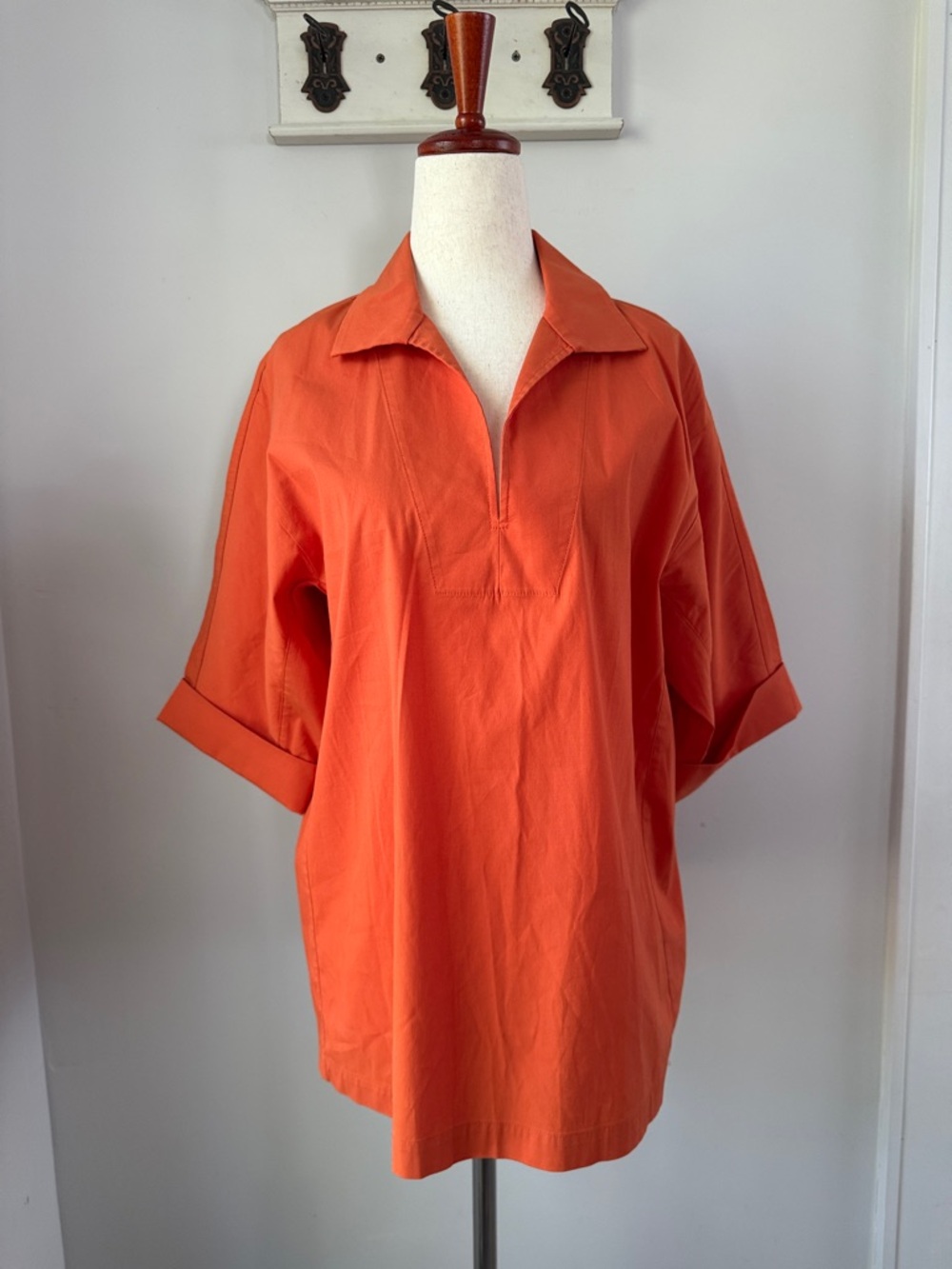 Lafayette 148 New York Orange Popover Tunic Classic Oversized Cotton Blouse